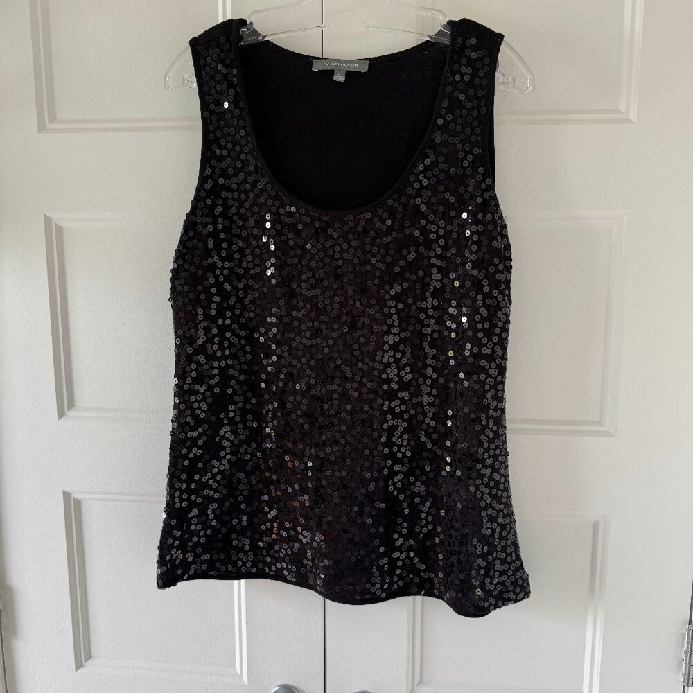 NY COLLECTION Women's Black Sequin Scoop Neck Tank Top - Size L